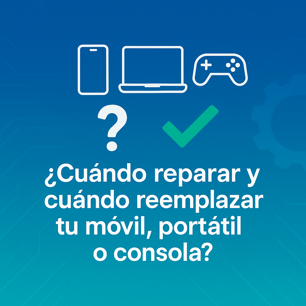 Imagen de cabecera estilo realista con la pregunta: ¿cuándo reparar o reemplazar tu móvil, portátil o consola?, sobre un fondo urbano tecnológico.